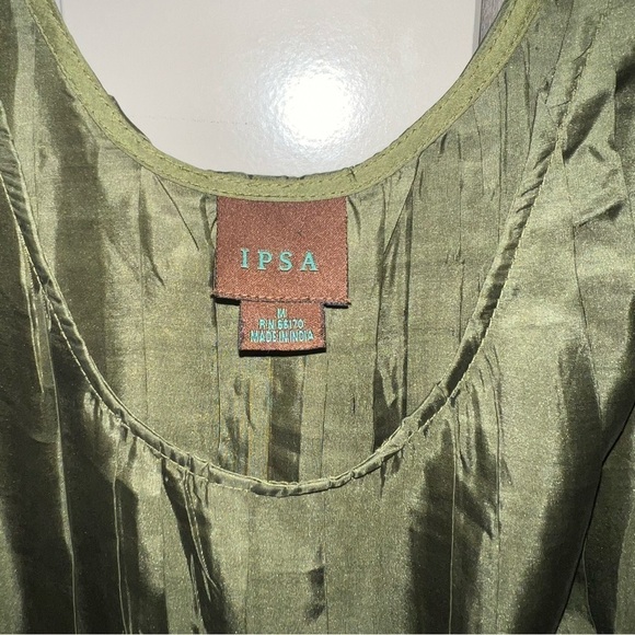 IPSA Anthropologie 100% Silk Olive Green Satin Beaded Peplum Blouse Size Medium - Picture 2 of 9